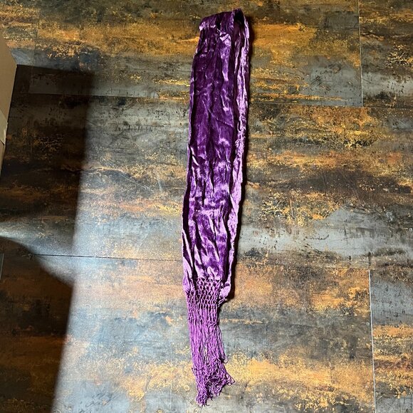Purple Crushed Velvet Scarf with Macrame Fringe, 85" x 5.5" - Picture 1 of 7